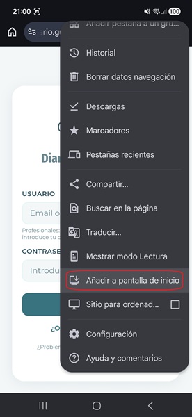 Menú de Chrome con la opción 'Añadir a pantalla de inicio' señalada